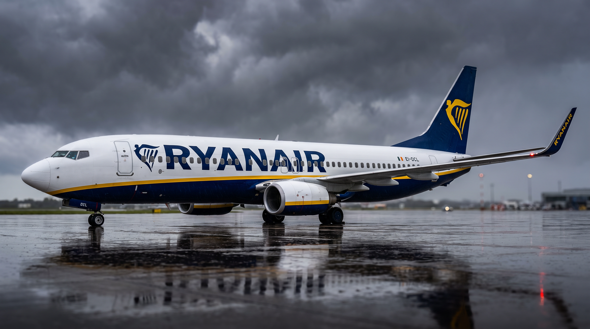 Ryanair Boeing 737-800 on a rain-soaked tarmac
