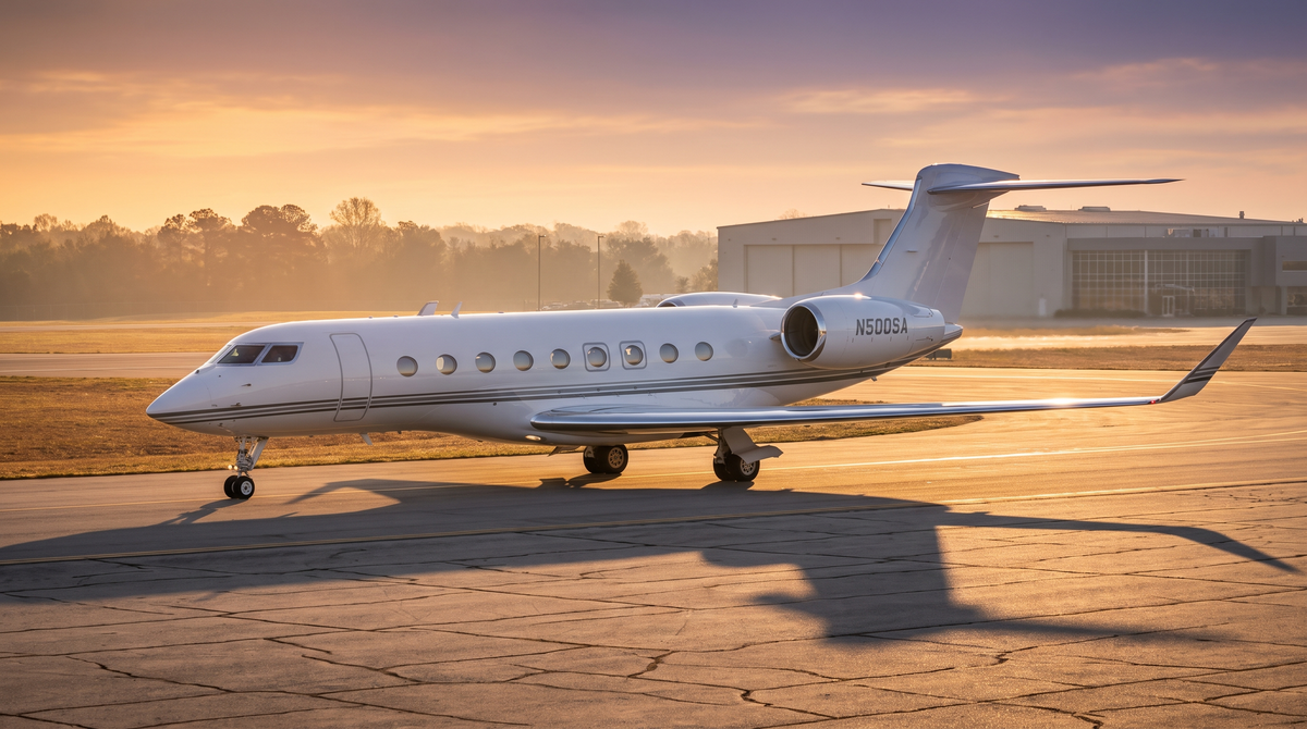 White Gulfstream business jet on a private FBO ramp at sunrise