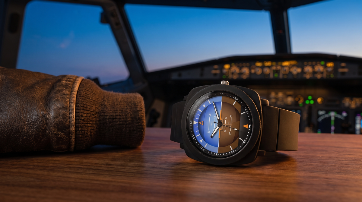 Aviator instrument-dial pilot watch resting in an airliner cockpit at blue hour