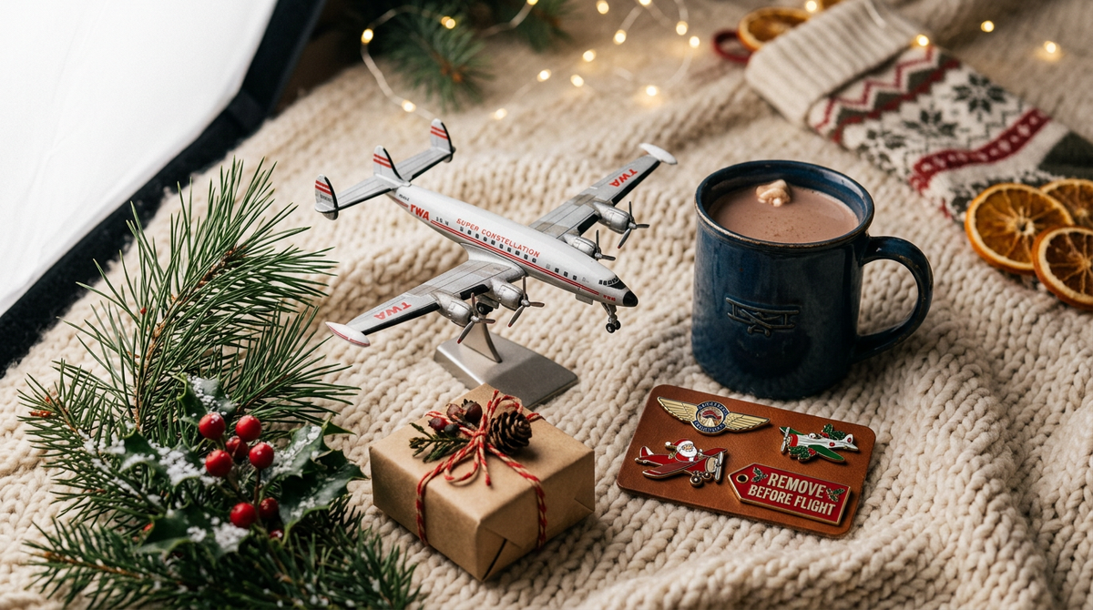 Aviation Christmas gift flat lay — model airplane, enamel pins, pilot mug and a wrapped gift