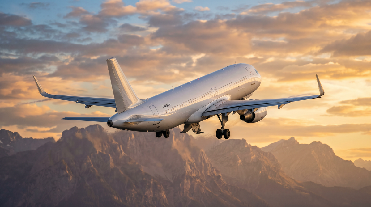 Airbus A320 climbing at golden hour, neutral white livery