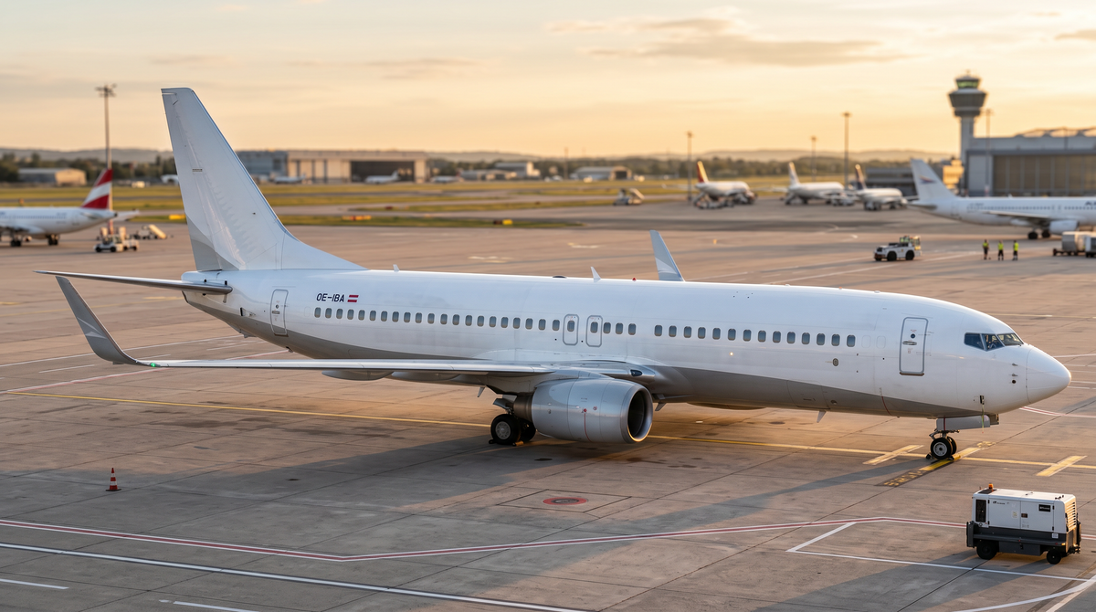 Boeing 737-800 in clean white leasing-fleet livery on the apron at golden hour