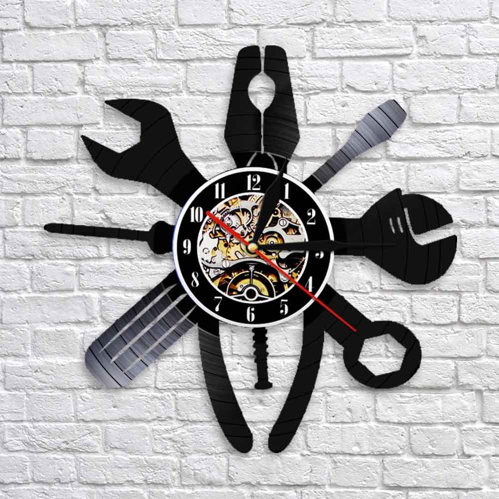 Pliers Wrench Mechanical Repair Vinyl Record Designed Wall Clocks