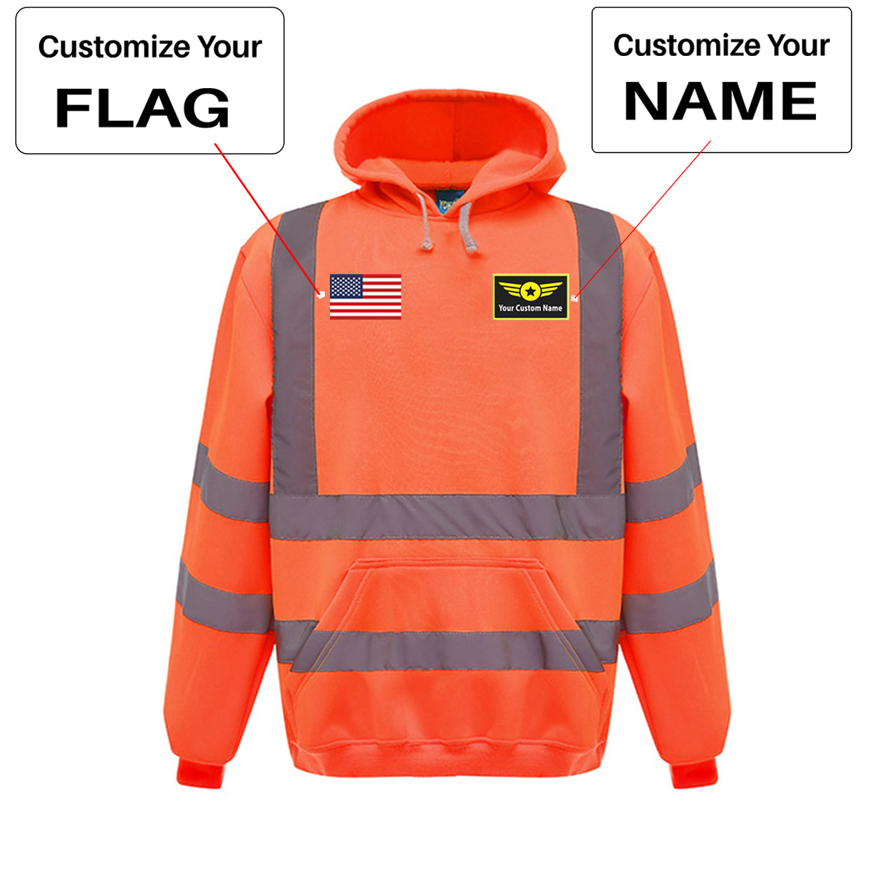 Custom Name & Badge & Flag Designed Reflective Hoodies