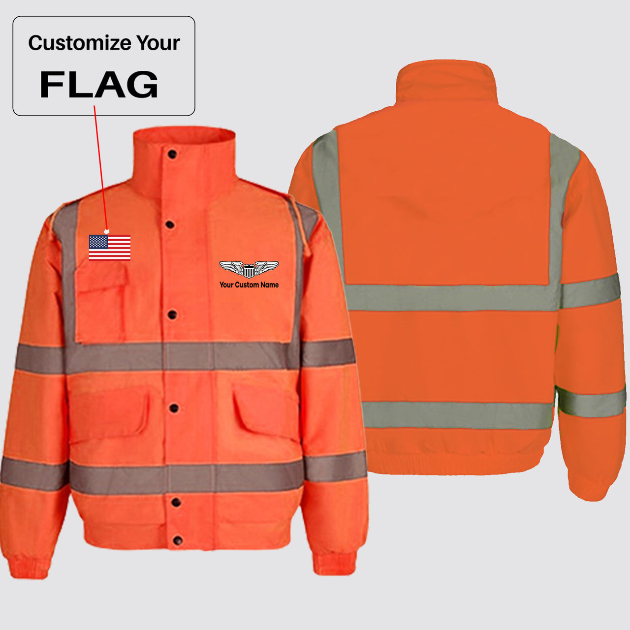 Custom Flag & Name with (Military Badge) Designed Reflective Winter Jackets