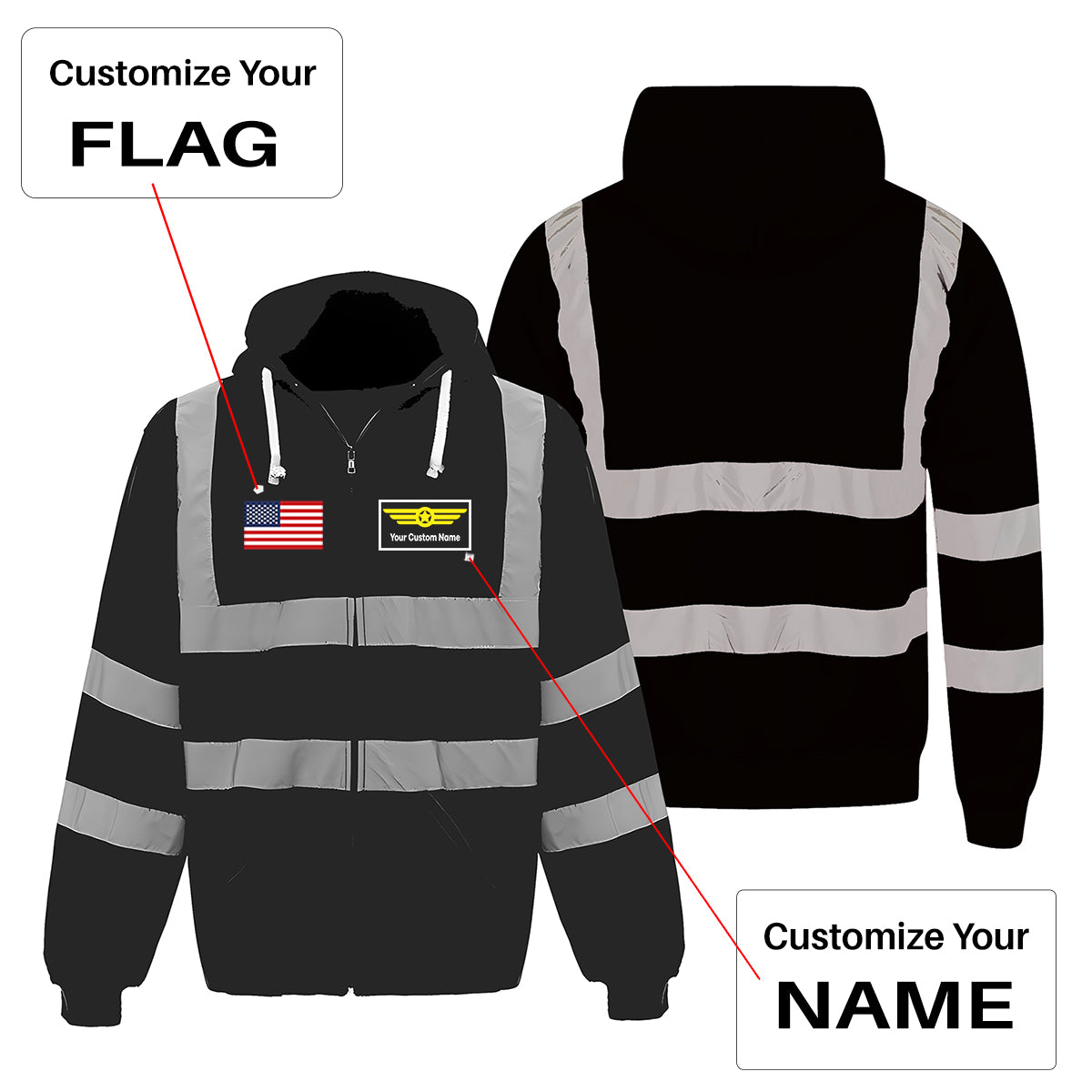 Custom Name (Badge 1) Designed Reflective Zipped Hoodies