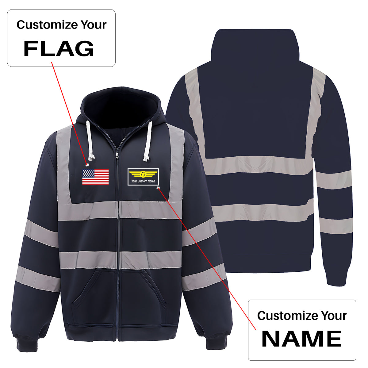 Custom Name (Badge 1) Designed Reflective Zipped Hoodies