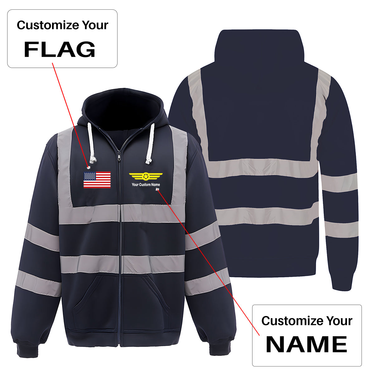 Custom Name (Badge 6) Designed Reflective Zipped Hoodies