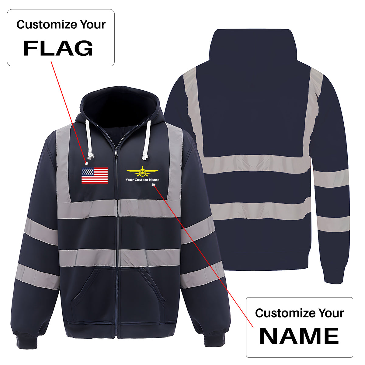 Custom Name (Badge 3) Designed Reflective Zipped Hoodies