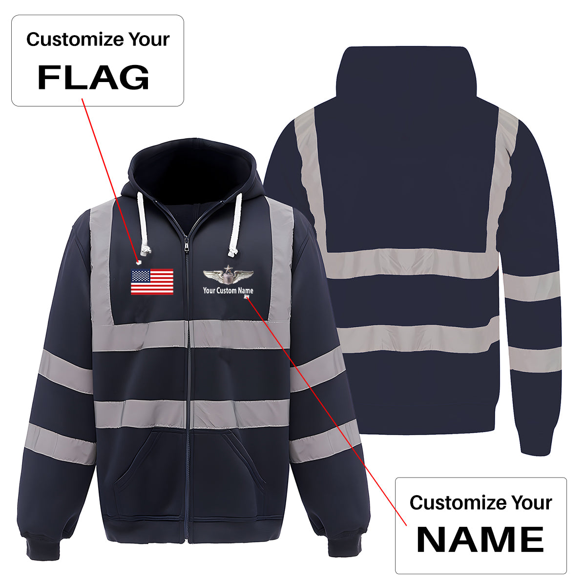 Custom Name (US Air Force & Star) Designed Reflective Zipped Hoodies