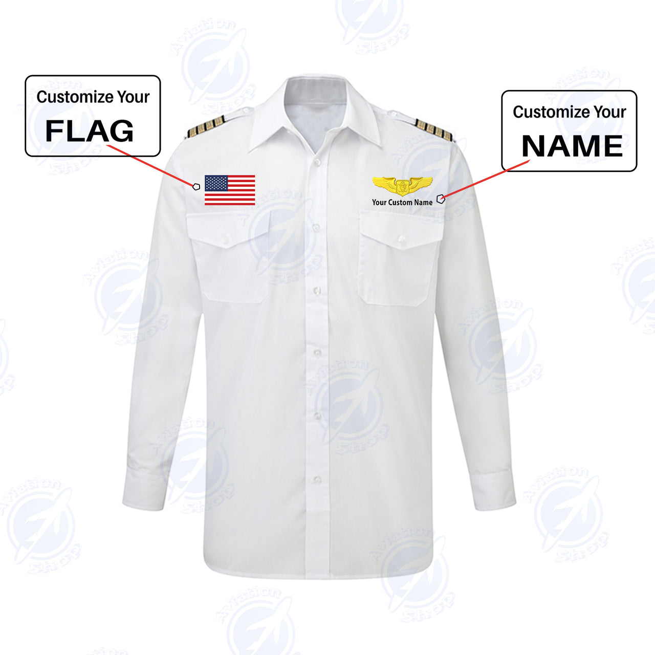 Custom Flag & Name with EPAULETTES (Special US Air Force) Designed Long Sleeve Pilot Shirts