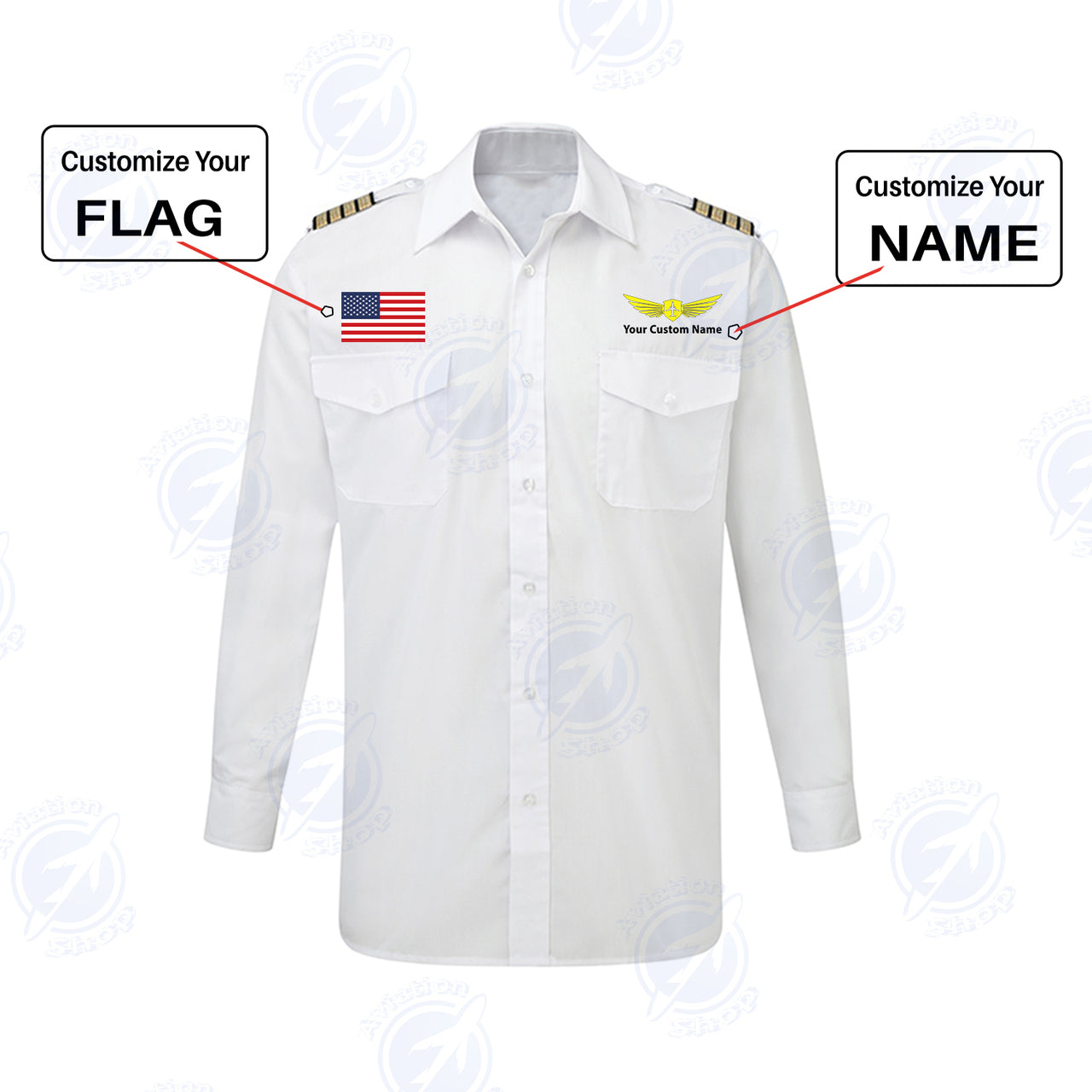 Custom Flag & Name with EPAULETTES (Badge 2) Designed Long Sleeve Pilot Shirts