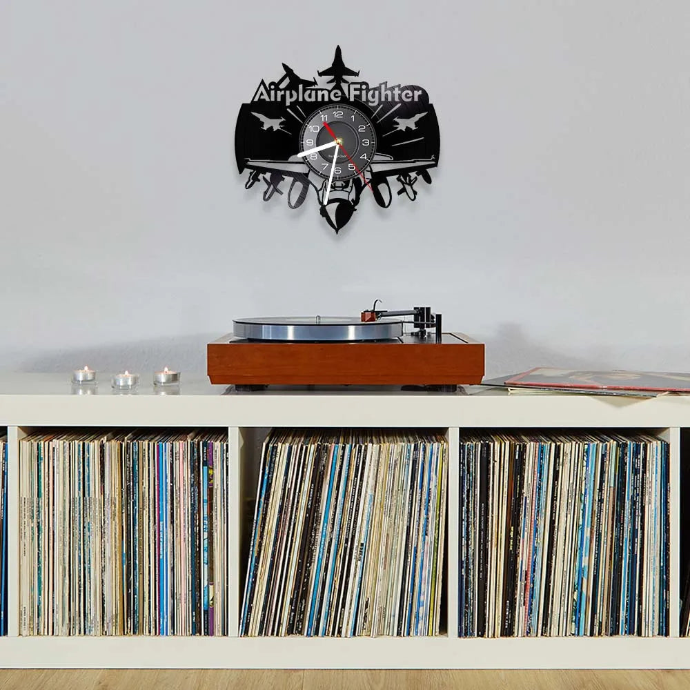 Airplane Fighter Vinyl Record Designed Wall Clocks