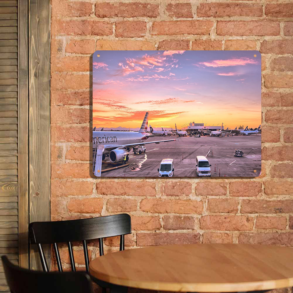 Airport Photo During Sunset Printed Metal Sign