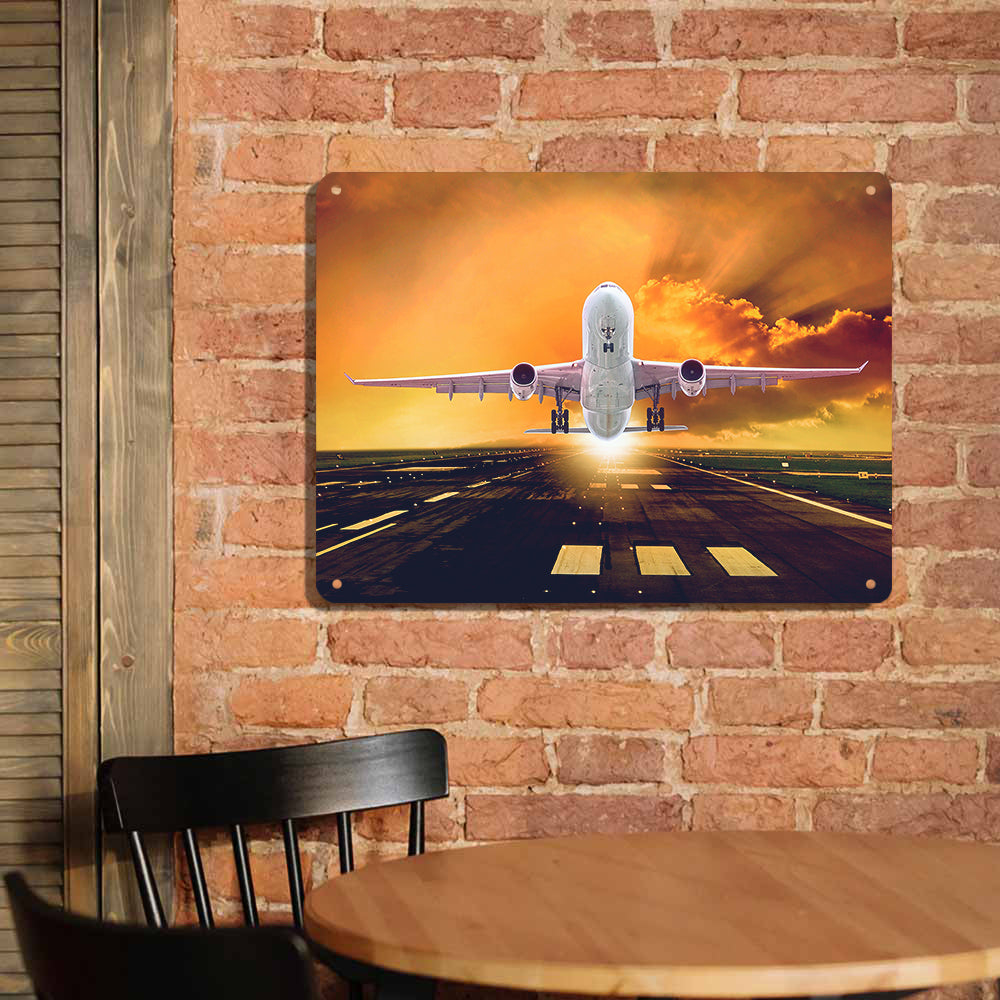 Amazing Departing Aircraft Sunset & Clouds Behind Printed Metal Sign
