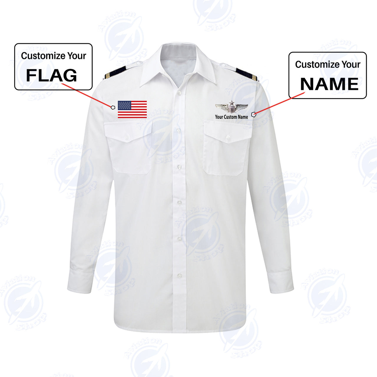 Custom Flag & Name with EPAULETTES (US Air Force & Star) Designed Long Sleeve Pilot Shirts