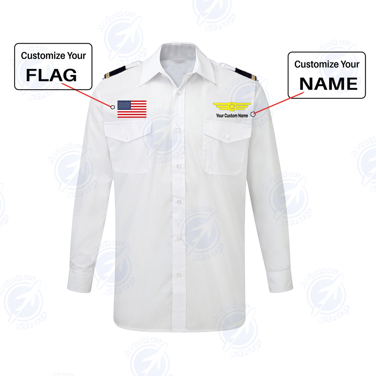 Custom Flag & Name with EPAULETTES (Badge 6) Designed Long Sleeve Pilot Shirts