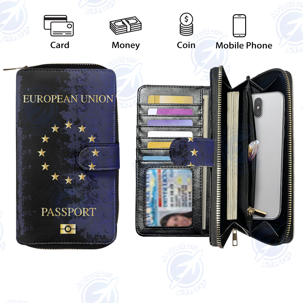 European Union Passport Designed Leather Long Zipper Wallets