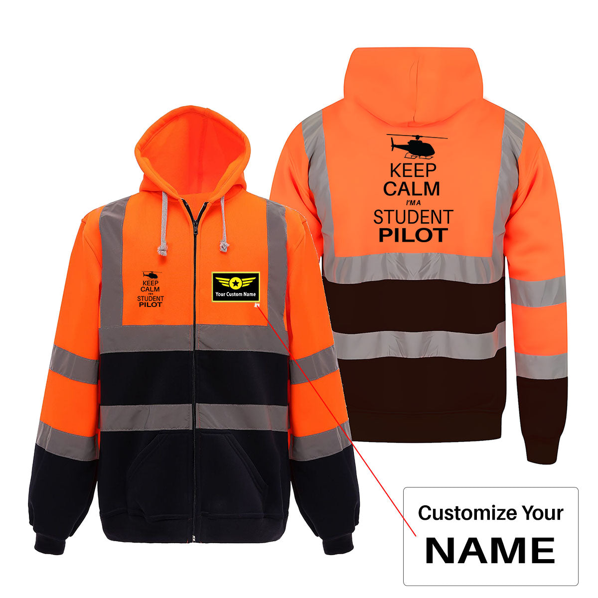 Student Pilot (Helicopter) Designed Reflective Zipped Hoodies