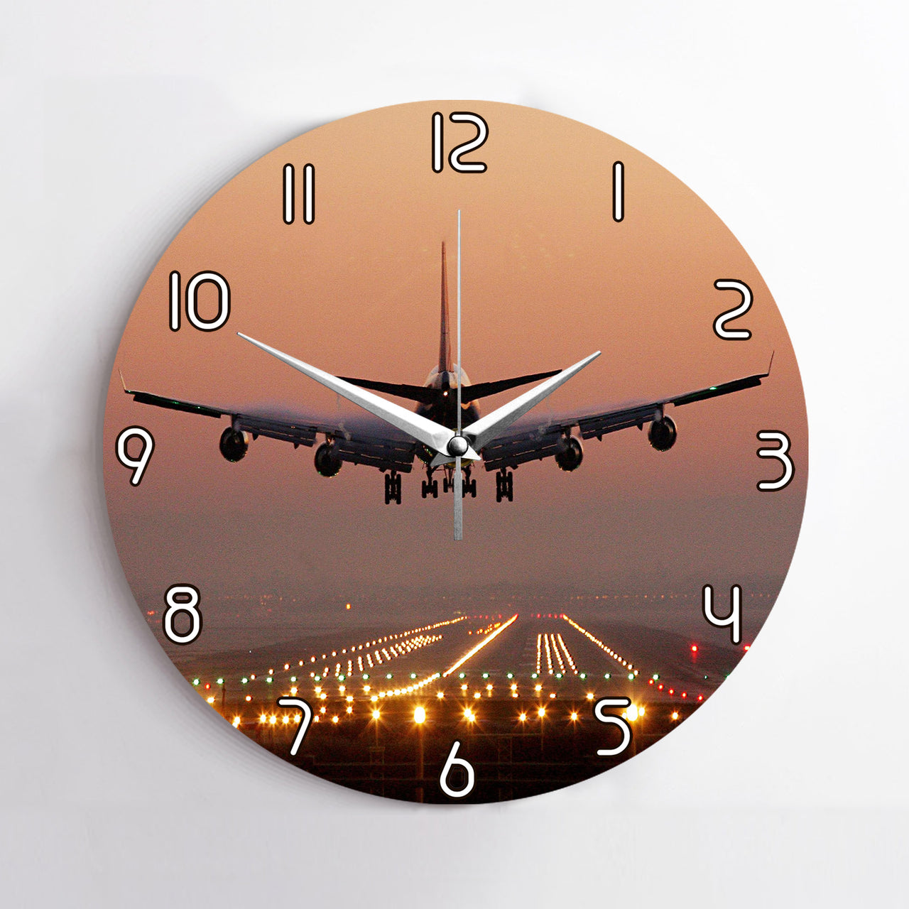 Landing Boeing 747 During Sunset Designed Wall Clocks