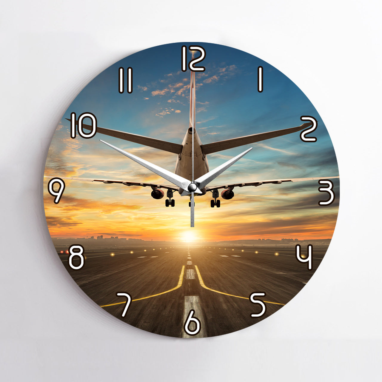 Airplane over Runway Towards the Sunrise Designed Wall Clocks