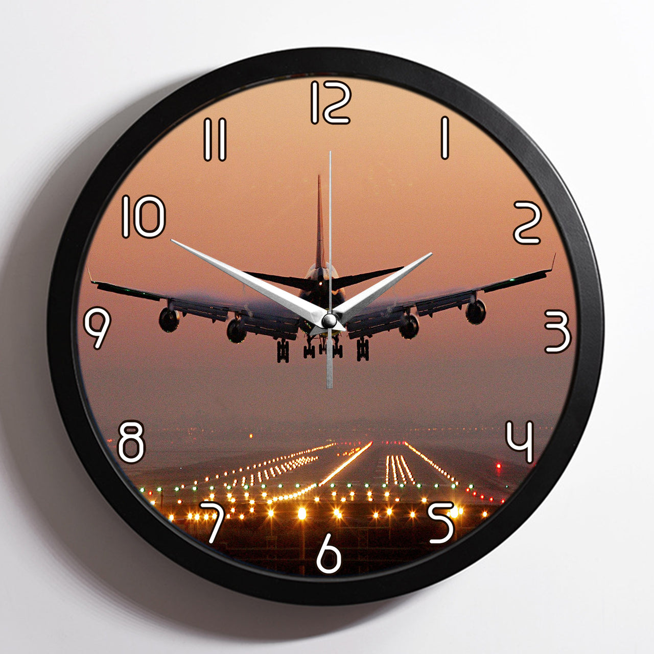 Landing Boeing 747 During Sunset Designed Wall Clocks