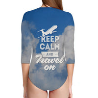 Thumbnail for Keep Calm and Travel On Designed Deep V Swim Bodysuits