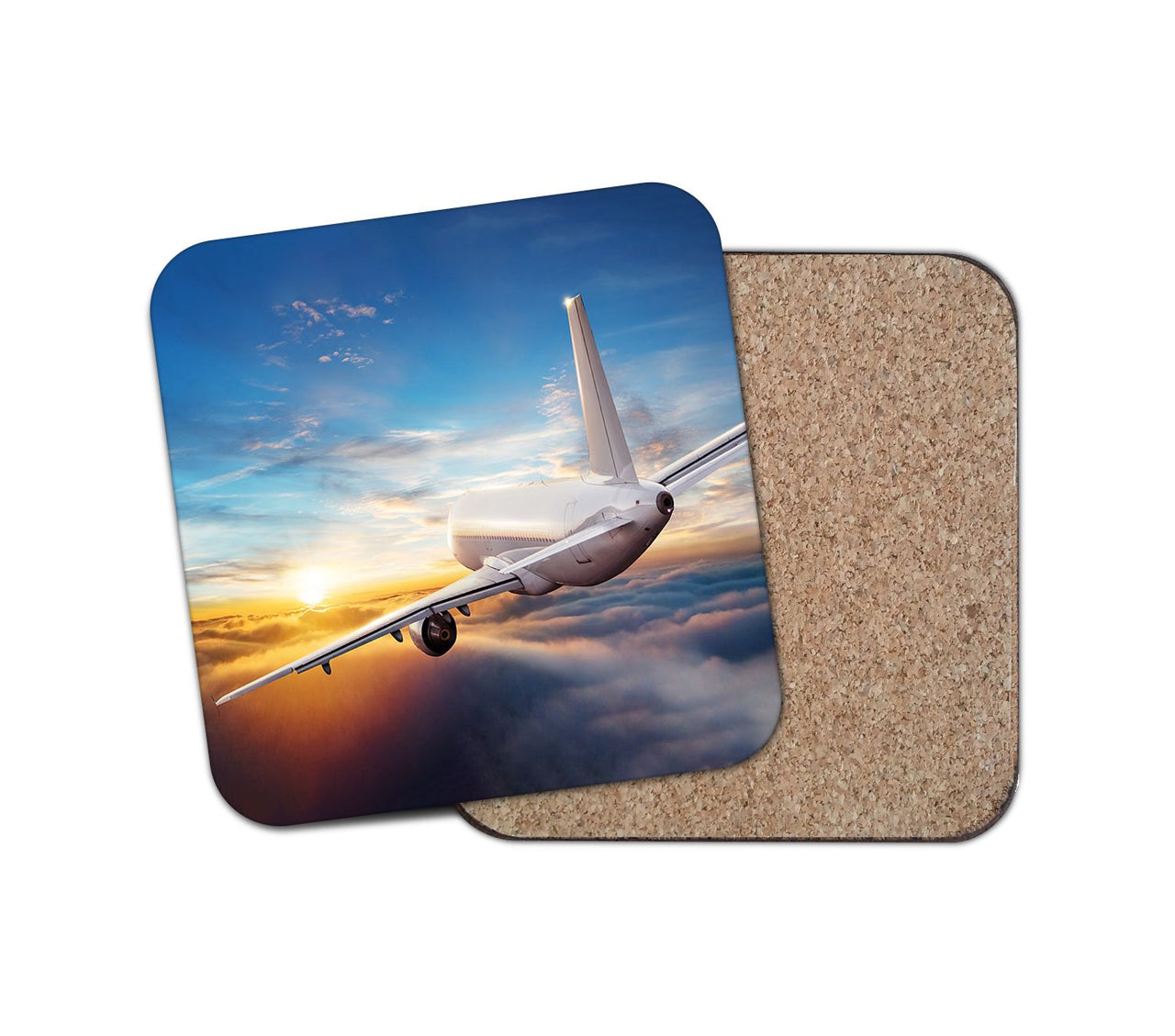 Airliner Jet Cruising over Clouds Designed Coasters