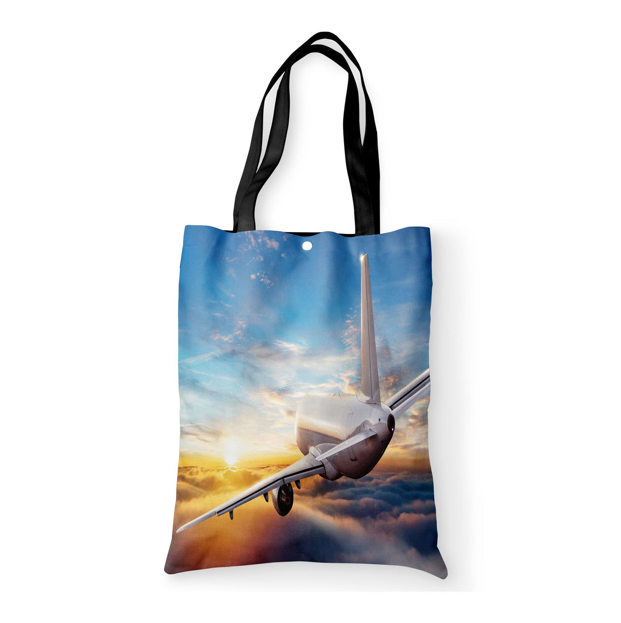 Airliner Jet Cruising over Clouds Designed Tote Bags