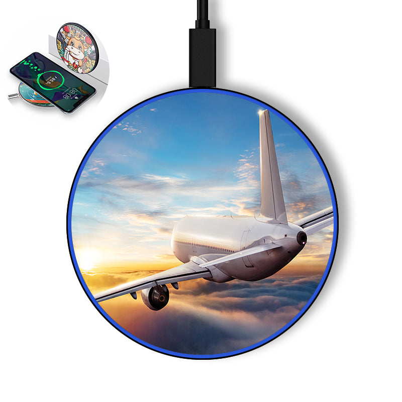 Airliner Jet Cruising over Clouds Designed Wireless Chargers