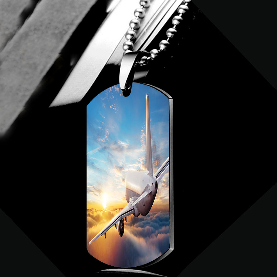 Airliner Jet Cruising over Clouds Designed Metal Necklaces