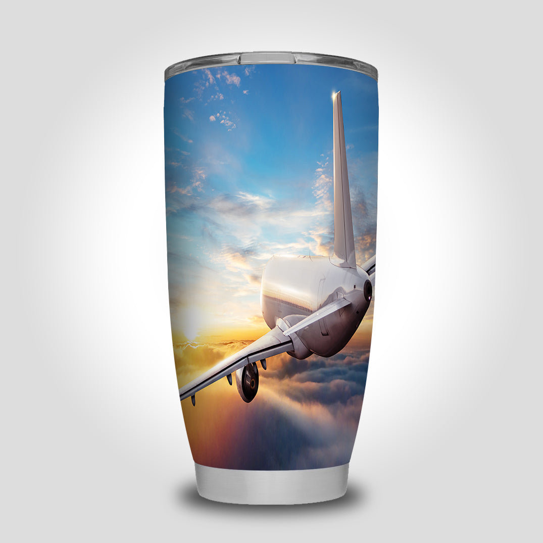 Airliner Jet Cruising over Clouds Designed Tumbler Travel Mugs