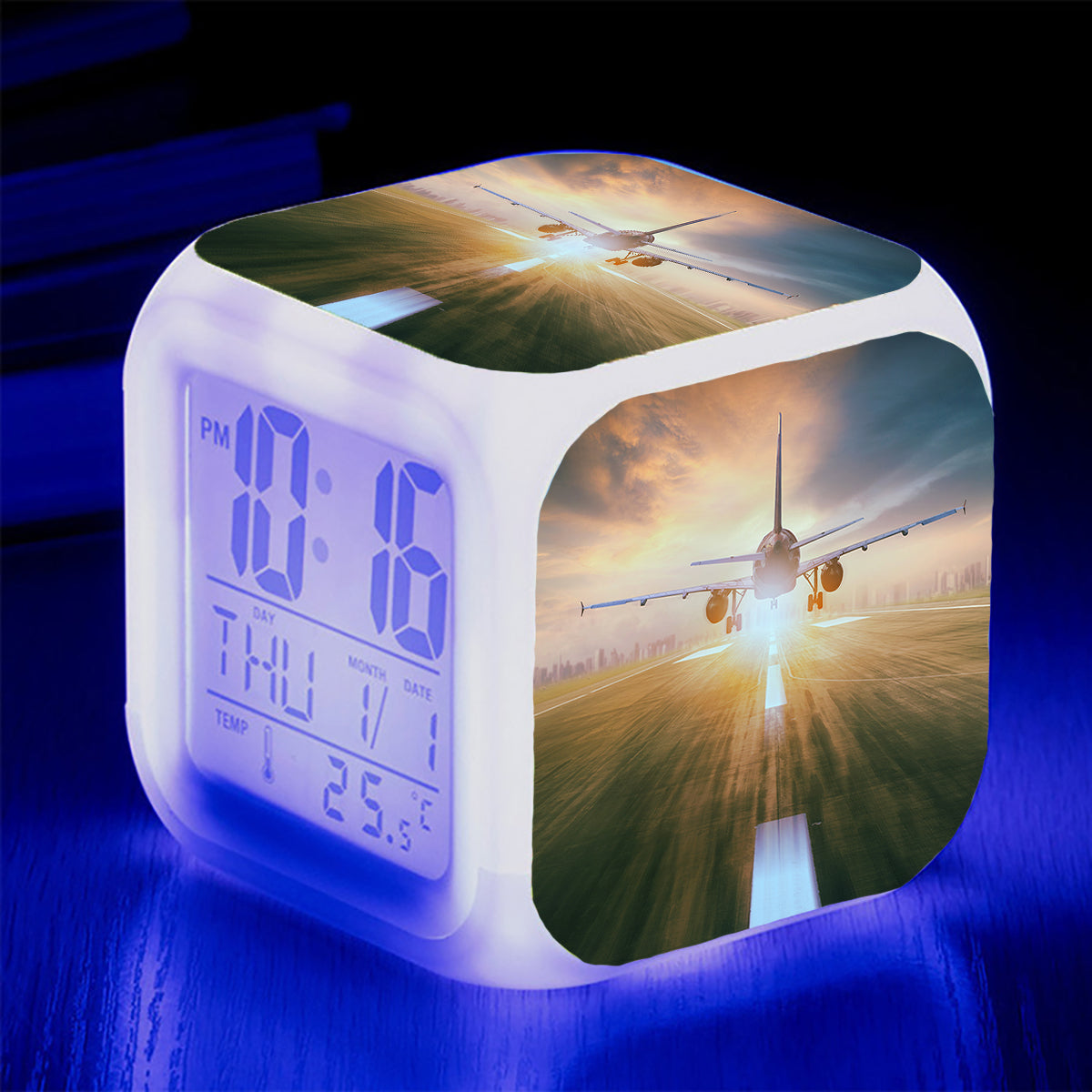 Airplane Flying Over Runway Designed "7 Colour" Digital Alarm Clock