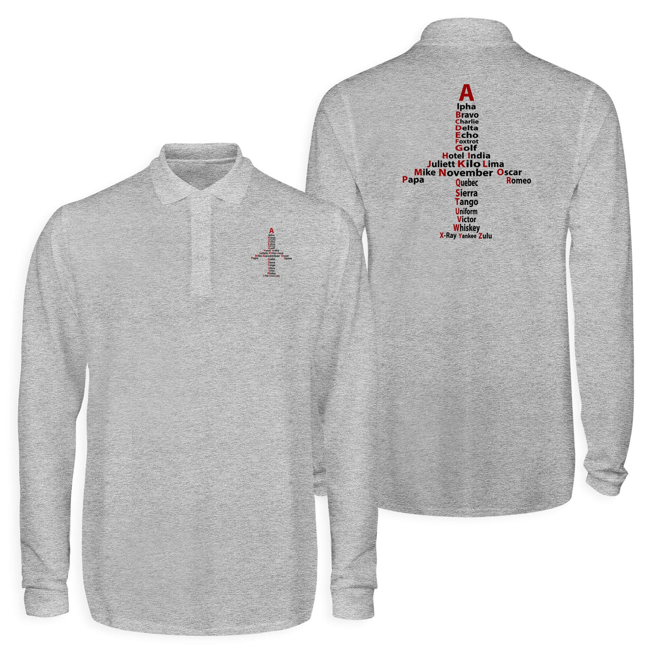 Airplane Shape Aviation Alphabet Designed Long Sleeve Polo T-Shirts (Double-Side)