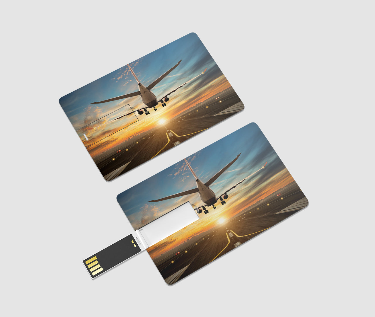 Airplane over Runway Towards the Sunrise Designed USB Cards