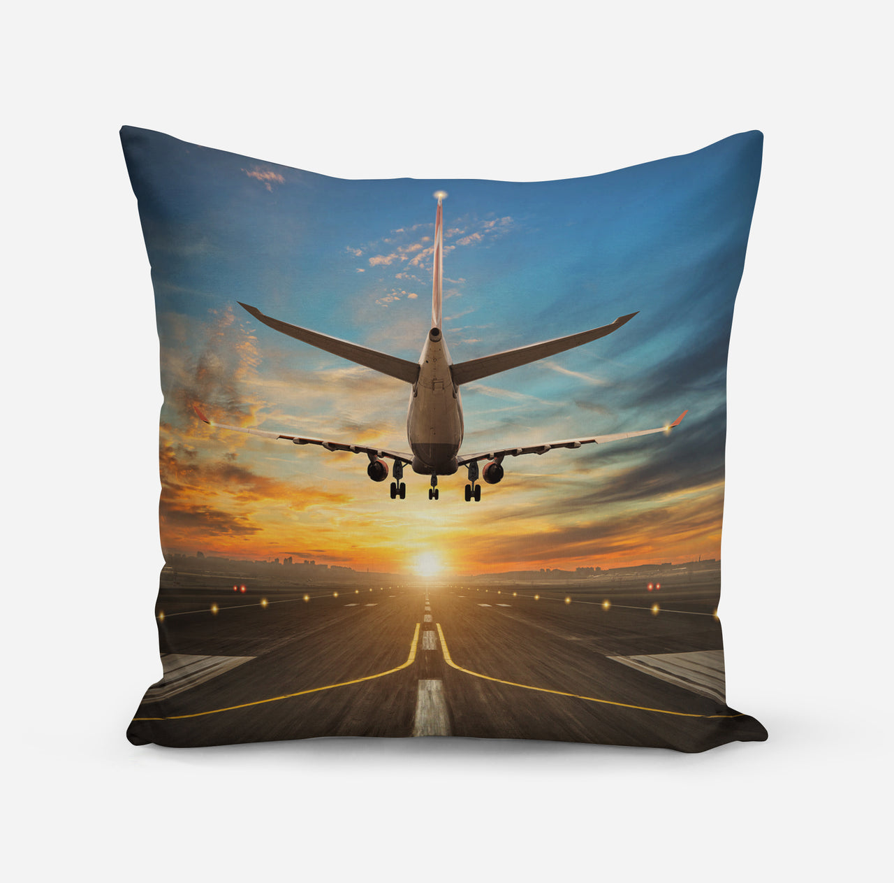 Airplane over Runway Towards the Sunrise Designed Pillows