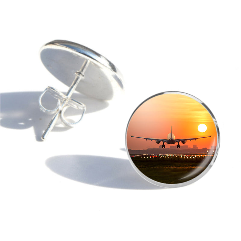 Amazing Airbus A330 Landing at Sunset Designed Stud Earrings