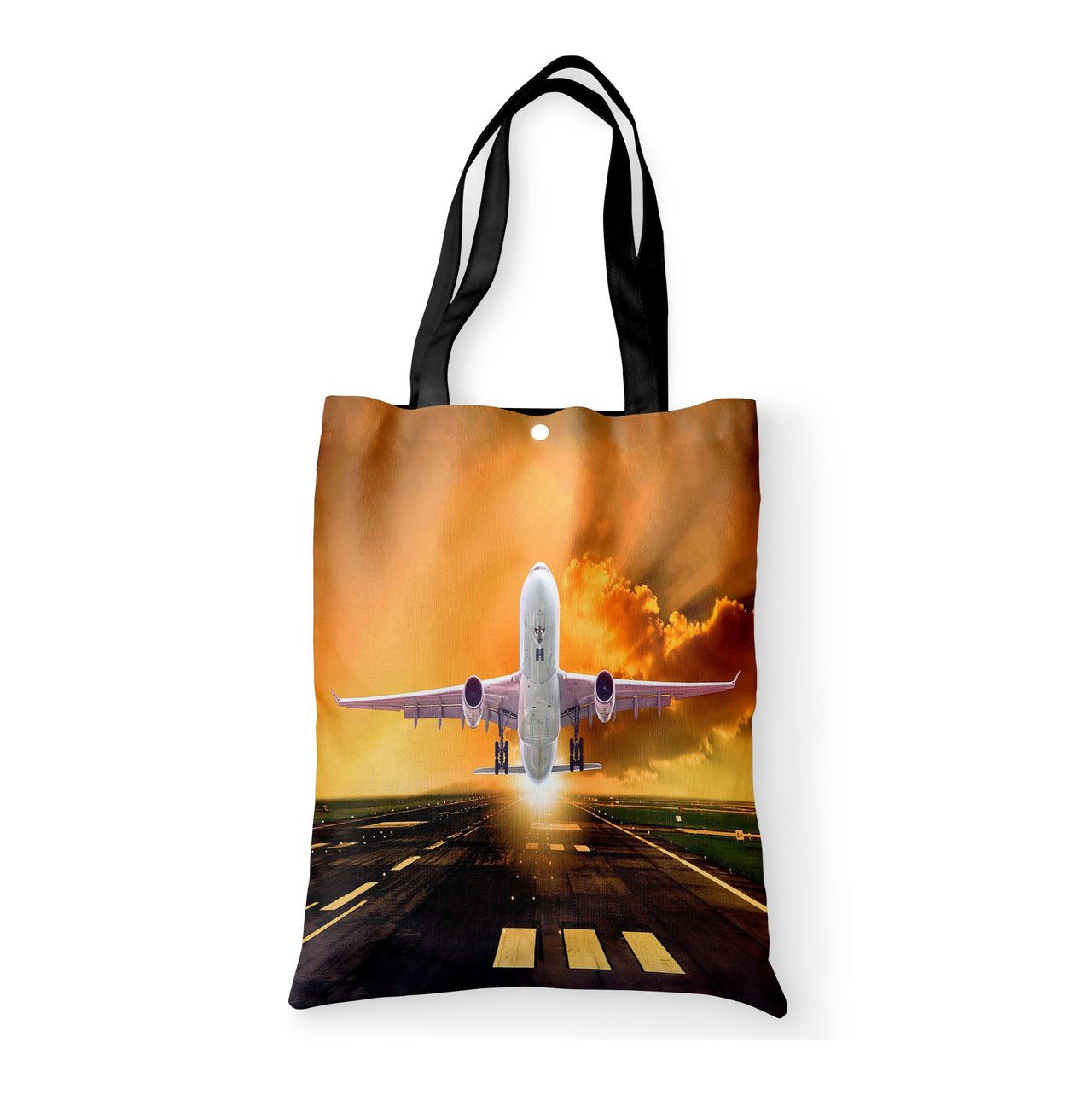 Amazing Departing Aircraft Sunset & Clouds Behind Designed Tote Bags