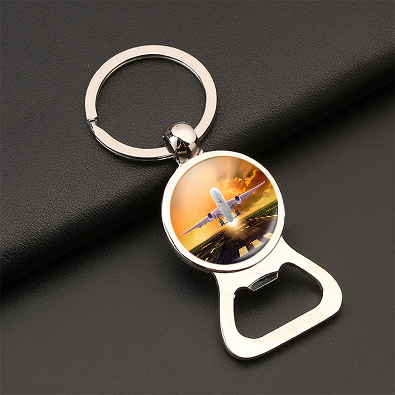 Amazing Departing Aircraft Sunset & Clouds Behind Designed Bottle Opener Key Chains