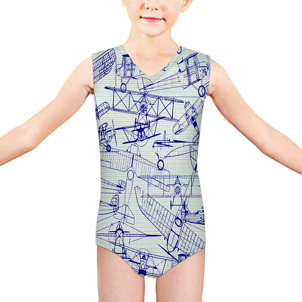 Amazing Drawings of Old Aircrafts Designed Kids Swimsuit