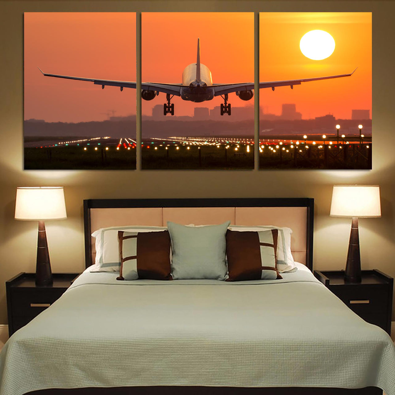 Amazing Airbus A330 Landing at Sunset Printed Canvas Posters (3 Pieces)