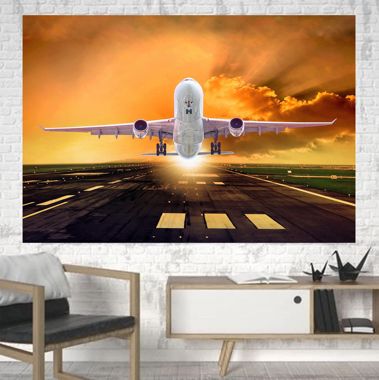 Amazing Departing Aircraft Sunset & Clouds Behind Printed Canvas Posters (1 Piece)