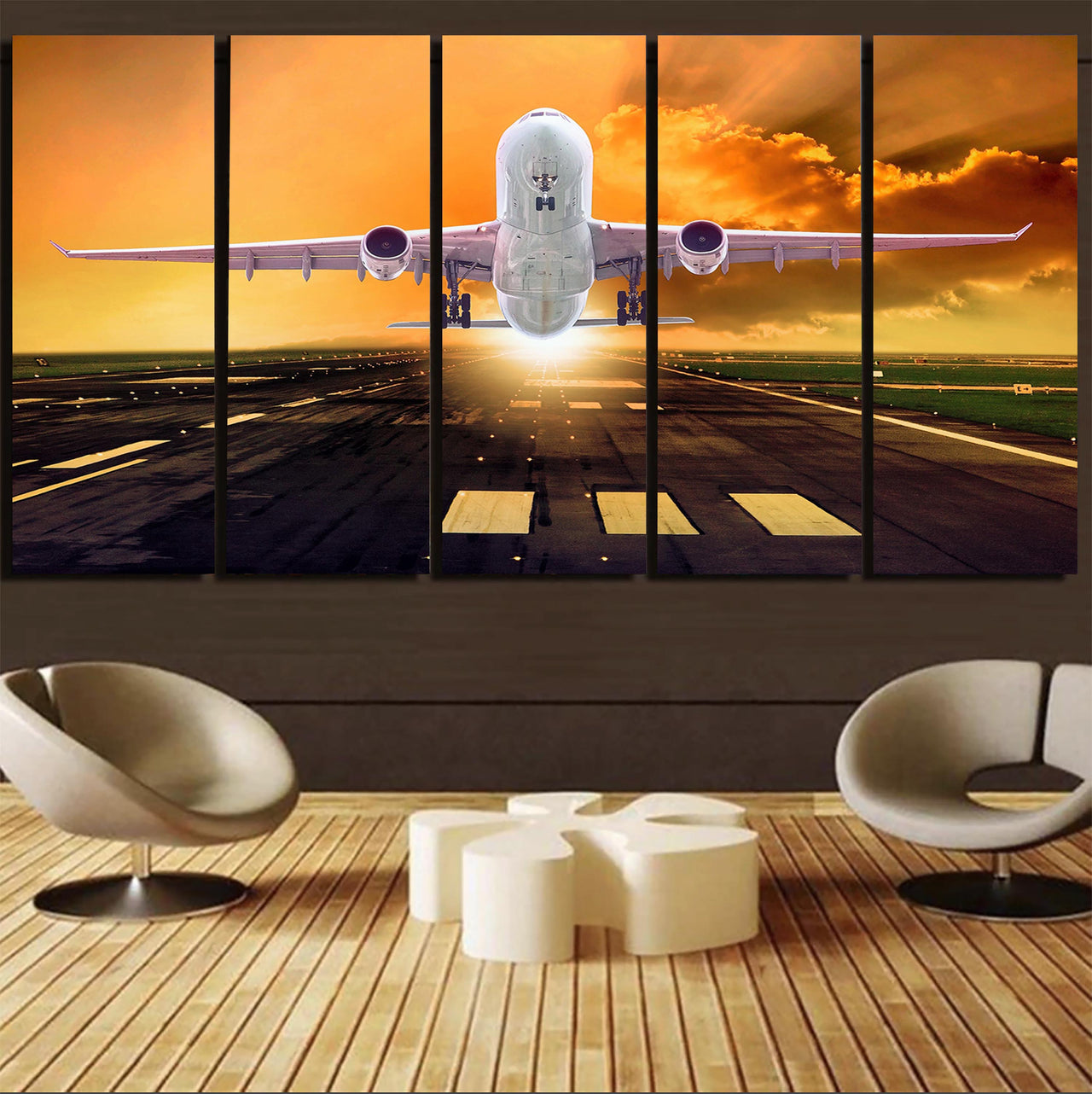 Amazing Departing Aircraft Sunset & Clouds Behind Printed Canvas Prints (5 Pieces)