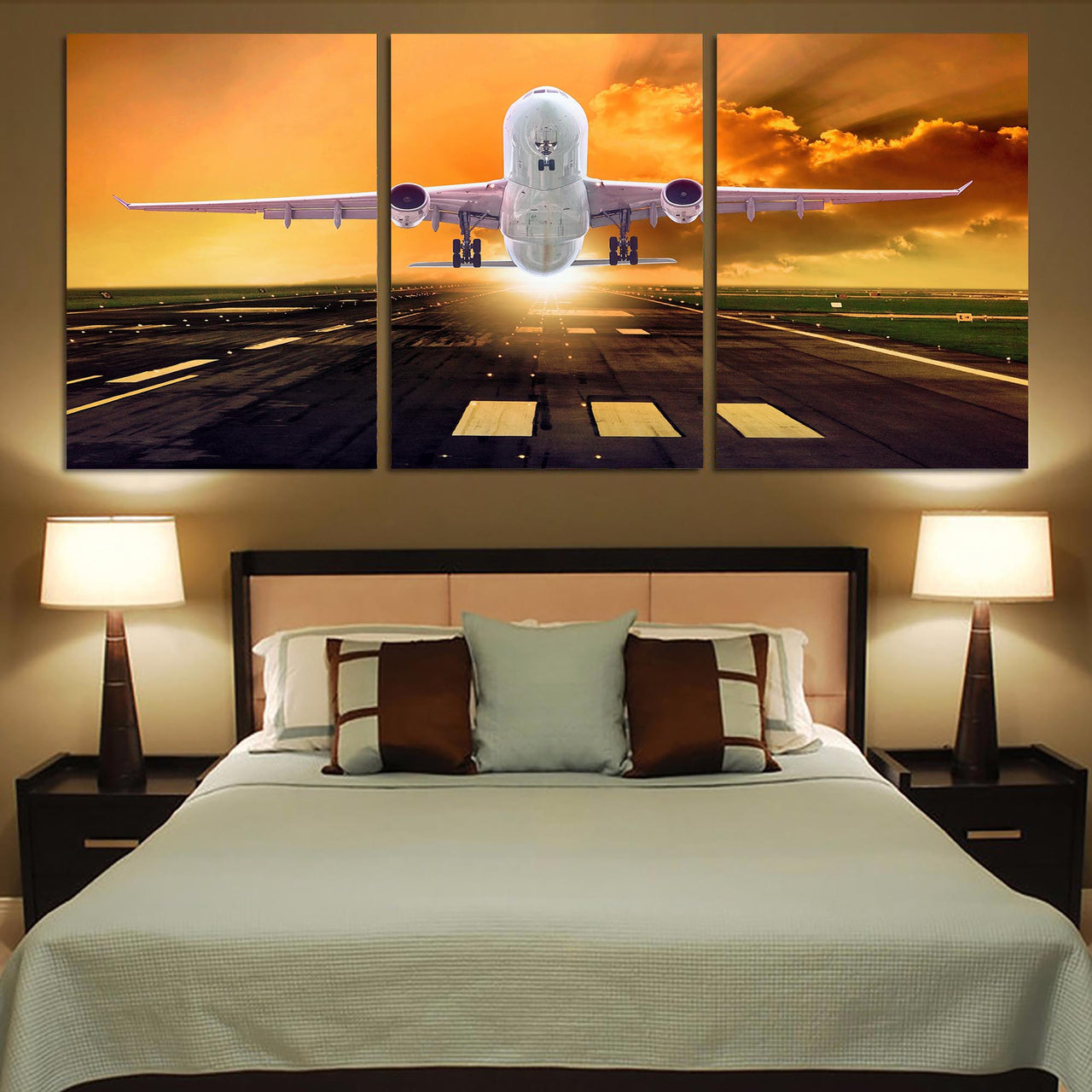 Amazing Departing Aircraft Sunset & Clouds Behind Printed Canvas Posters (3 Pieces)