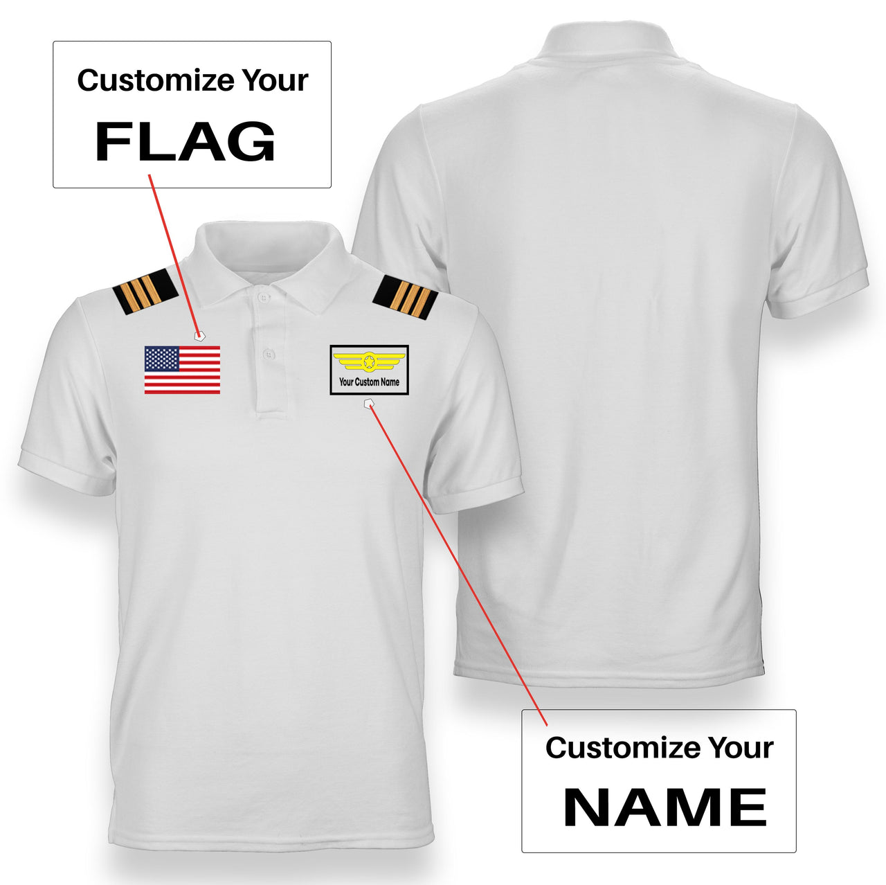 Custom Flag & Name (Badge 1) + Epaulettes Designed Polo T-Shirts