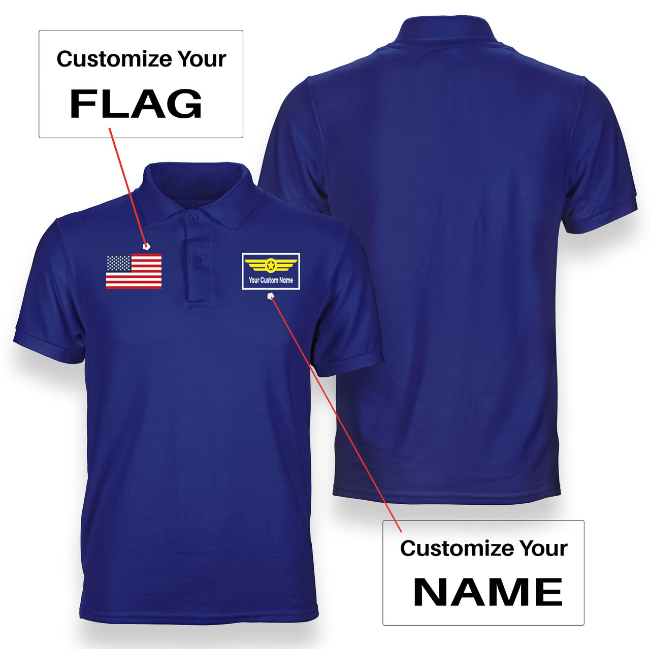 Custom Flag & Name with "Badge 1" Designed Polo T-Shirts