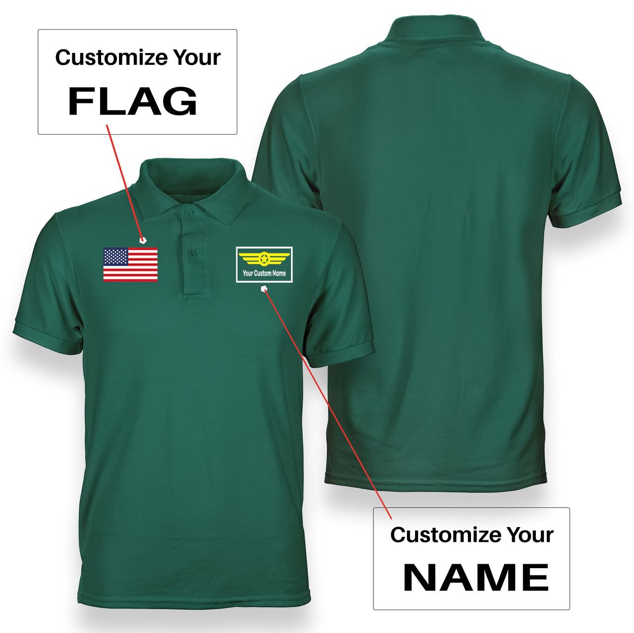 Custom Flag & Name with "Badge 1" Designed Polo T-Shirts