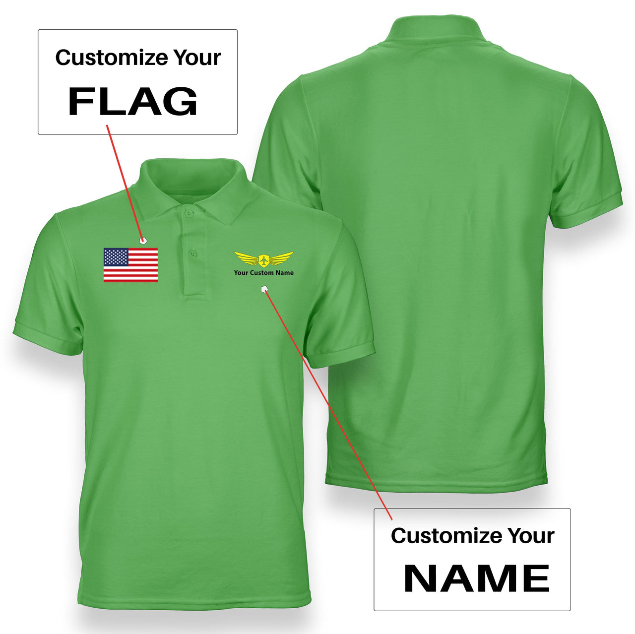 Custom Flag & Name with "Badge 2" Designed Polo T-Shirts