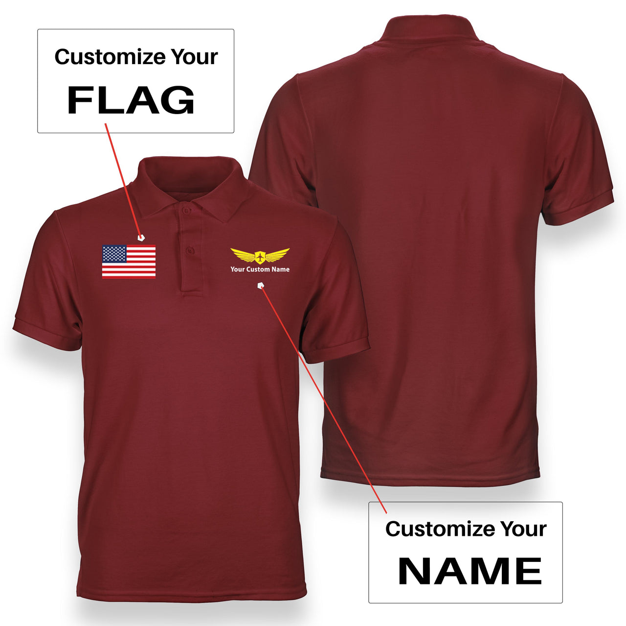 Custom Flag & Name with "Badge 2" Designed Polo T-Shirts