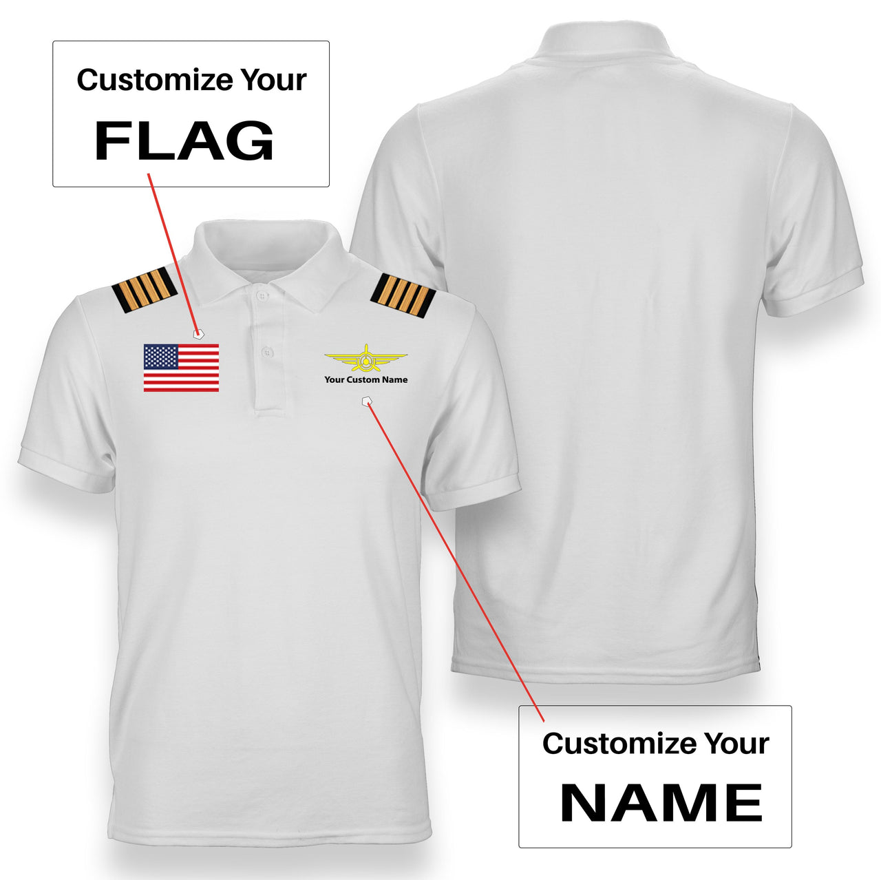 Custom Flag & Name (Badge 3) + Epaulettes Designed Polo T-Shirts